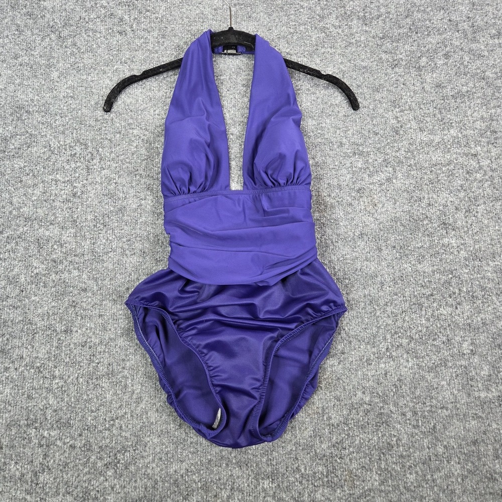 Magicsuit Swimsuit Womens 8 Purple Halter One Piece Ruched Plunge Neck